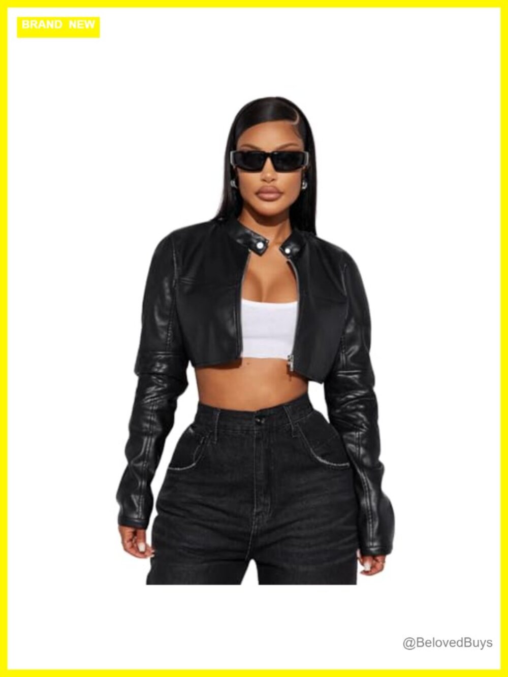 Women's Faux Leather Cropped Moto Jacket with Belt